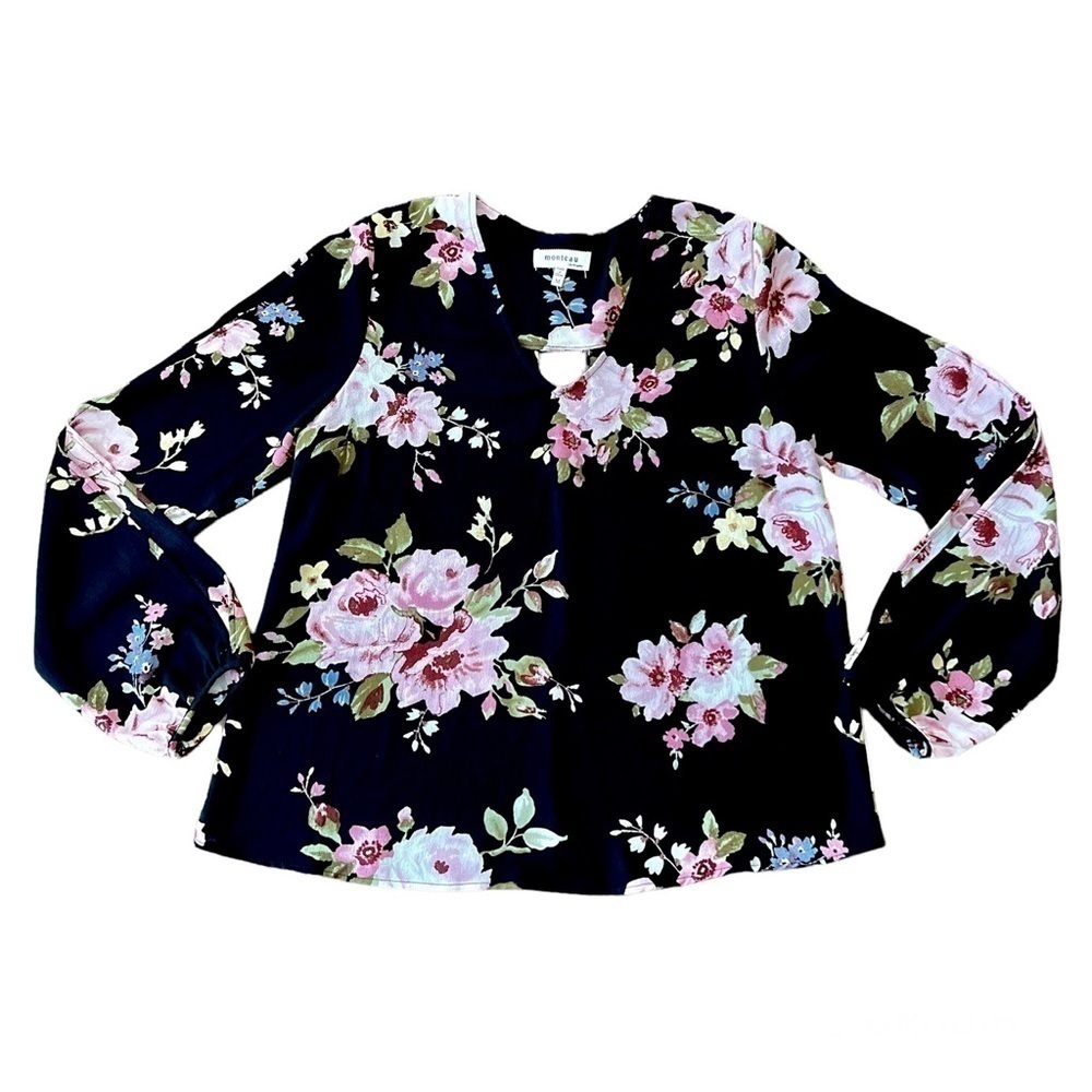 MONTEAU Gorgeous Black Floral Top Long-sleeves Size M